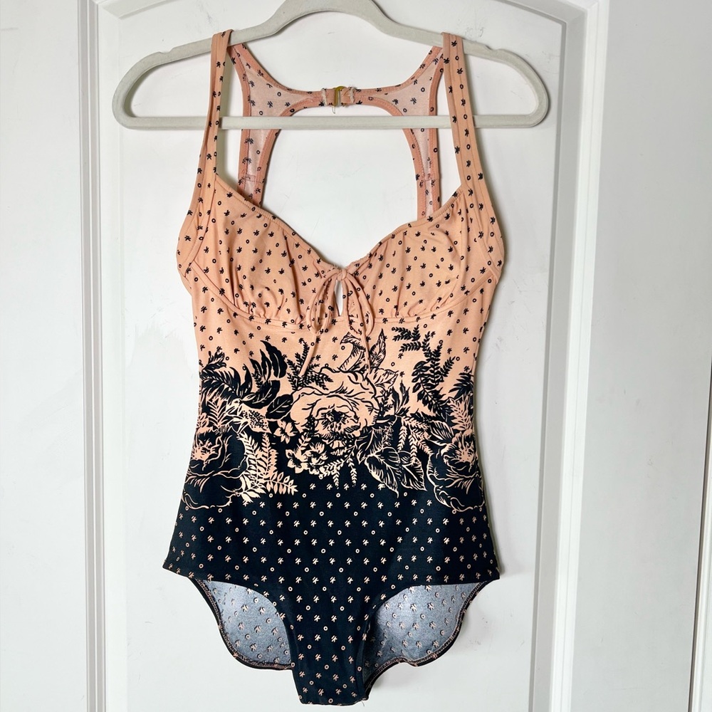 Vintage 70s Sears One Piece Swimsuit Floral Polka Dot Cutout Union Made Sz 14